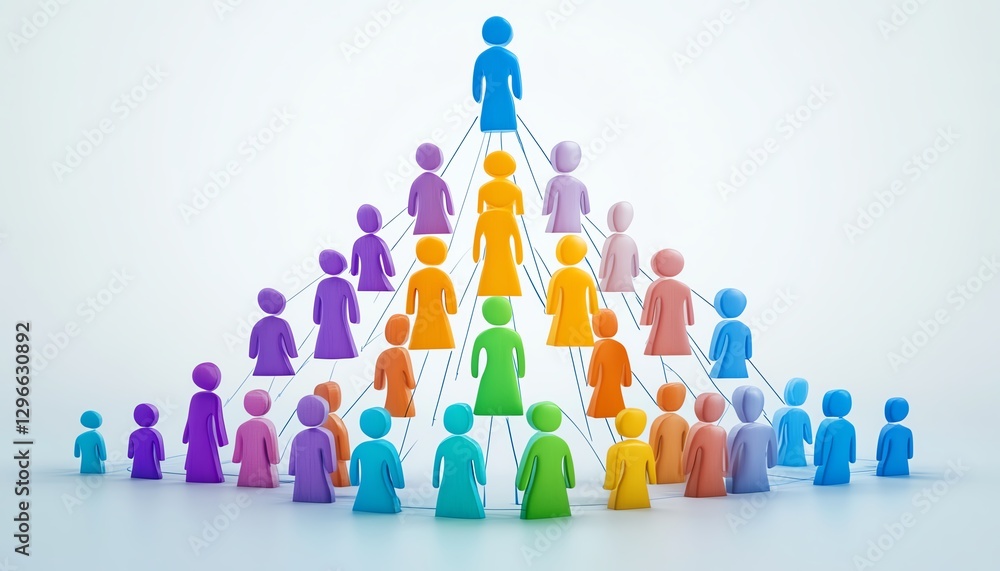 Colorful figures in a hierarchical structure, representing business departments, teams connected by lines, workflow illustration, company management and organizational design Colorful figures in a hierarchical structure, representing business departments, teams connected by lines, workflow illustration, company management and organizational design