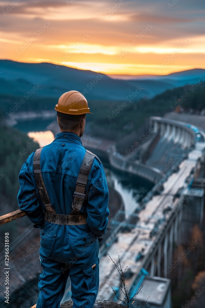 A worker observes a dam at sunset, highlighting engineering and nature. A worker observes a dam at sunset, highlighting engineering and nature.