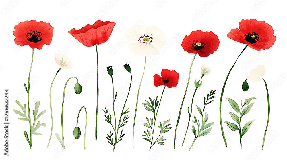 Fototapeta premium A row of red and white flowers with a white background