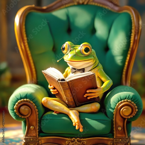 A sophisticated frog in spectacles enjoys a book in a luxurious green armchair Perfect for whimsical children s books or sophisticated home decor. photo