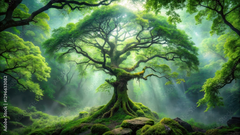 Dense foliage surrounds a lone tree with gnarled branches, its leaves a vibrant green, as mist swirls through the air in an ancient, mystical forest, dark jungle exploration, overgrown vegetation Dense foliage surrounds a lone tree with gnarled branches, its leaves a vibrant green, as mist swirls through the air in an ancient, mystical forest, dark jungle exploration, overgrown vegetation