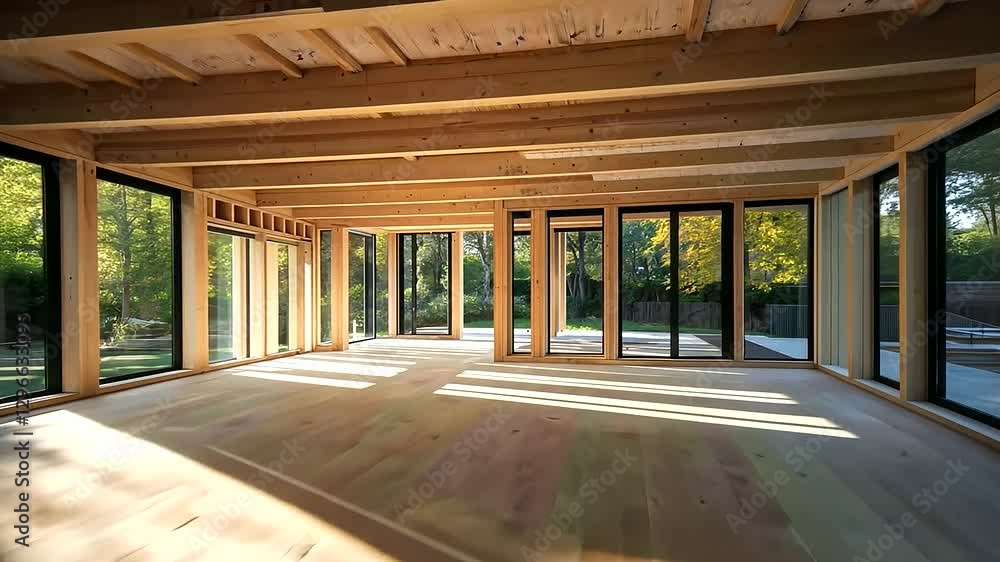 A sustainable home extension under construction, with raw wooden beams outlining the future space. Large window frames and an outdoor terrace are visible in the design. A sustainable home extension under construction, with raw wooden beams outlining the future space. Large window frames and an outdoor terrace are visible in the design.