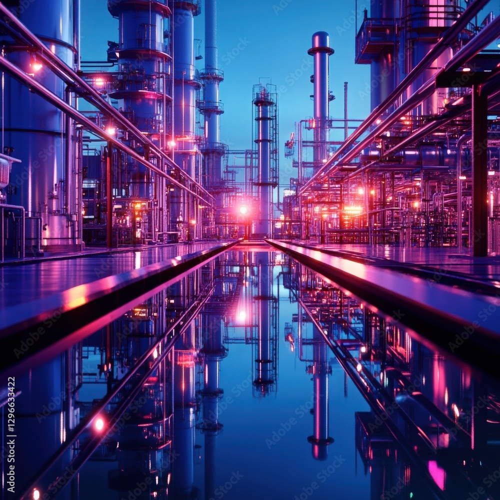 Fototapeta premium Futuristic Industrial Complex at Twilight Pink and Blue Neon Lights Reflect in Still Water