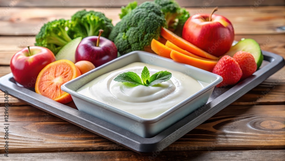 A serving of creamy yogurt on a lunch tray next to a sliced crispy apple, surrounded by fresh fruit and vegetables, nutritious food, healthy eating A serving of creamy yogurt on a lunch tray next to a sliced crispy apple, surrounded by fresh fruit and vegetables, nutritious food, healthy eating