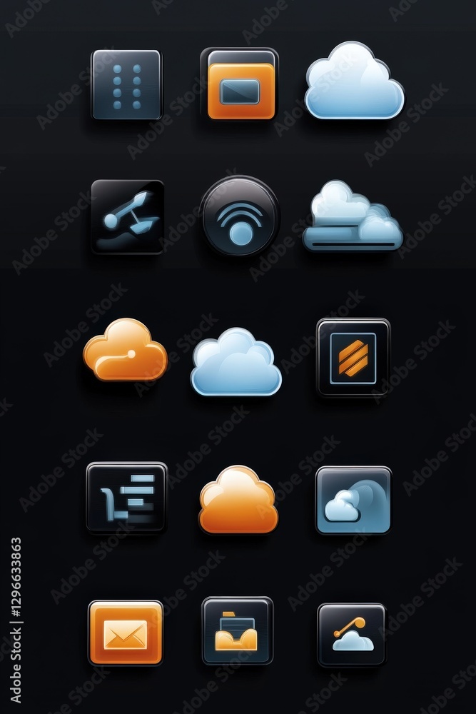 High-resolution holographic icons representing cloud computing concepts High-resolution holographic icons representing cloud computing concepts