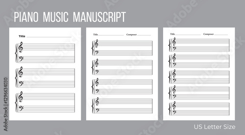 Blank piano sheet music template with treble and bass clefs, featuring three staves per page for composing, arranging, and music notation.