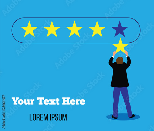 Business Man Adding a Star to Product Rating. Rate service, customer review and satisfaction concept vector art