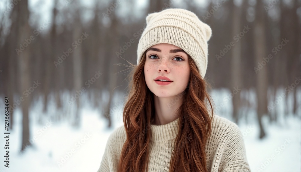 Portrait of a young woman with long red hair wearing a beige knit hat and sweater. Portrait of a young woman with long red hair wearing a beige knit hat and sweater.