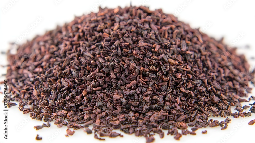 Close-Up of Piled Black Tea Leaves in a Natural Arrangement on a White Background Close-Up of Piled Black Tea Leaves in a Natural Arrangement on a White Background