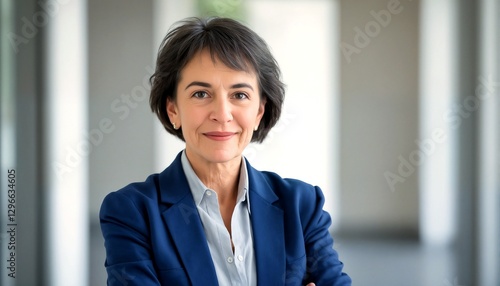 Free Download A middle-aged woman with short hair and a blue blazer is smiling at the camera. - GFXLoad