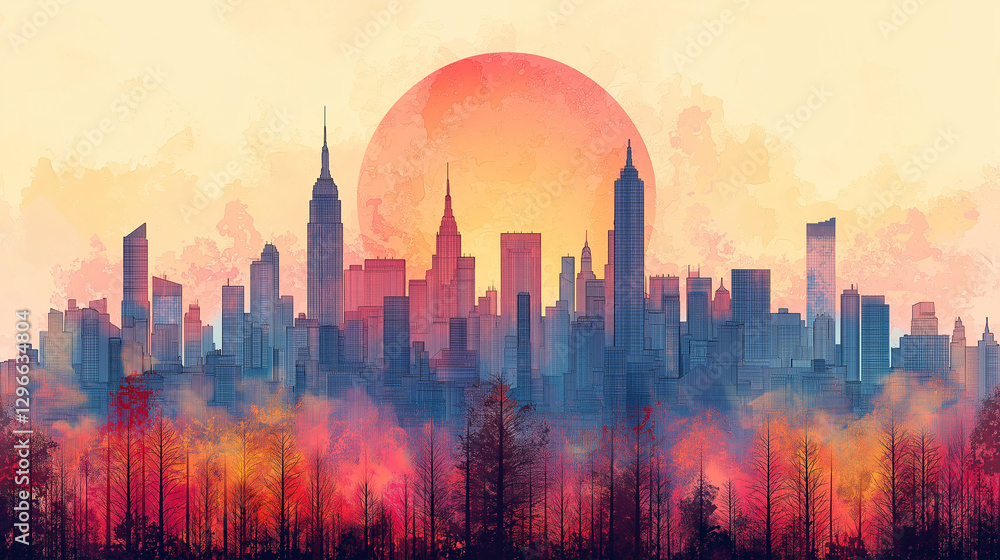 Fototapeta premium Geometric city skyline in pastel tones. Clean white background. Flat design style
