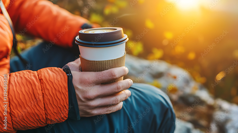 A person is sitting on a rock with a cup of coffee in their hand A person is sitting on a rock with a cup of coffee in their hand