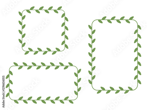 Set of simple minimalist liana frames with leaves, greenery, flat style, template, background, graphic element for decoration
