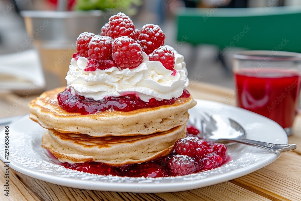 A plate of blackcurrant pancakes topped with whipped cream and berry compote A plate of blackcurrant pancakes topped with whipped cream and berry compote