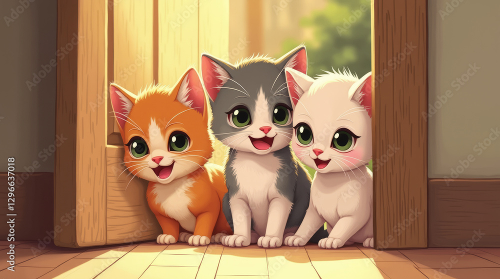 Fototapeta premium Three mischievous playful kittens sitting in doorway in sunlight, cartoon illustration