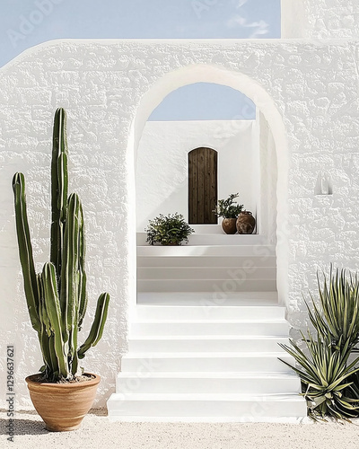 Aesthetic minimalist Mediterranean architecture with white steps and potted plants, sunny day, tranquil coastal vibes