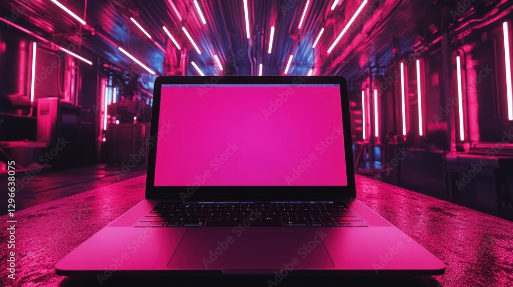 Laptop in Neon Lit Space Creating a Cyberpunk Vibe Laptop in Neon Lit Space Creating a Cyberpunk Vibe