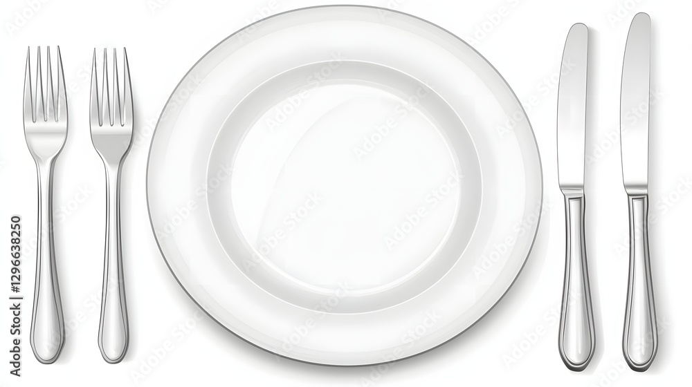 Elegant Minimalist Table Setting with Empty White Plate and Silver Cutlery on White Background Elegant Minimalist Table Setting with Empty White Plate and Silver Cutlery on White Background