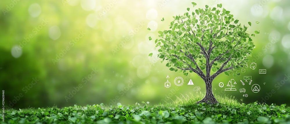 Tree with green bonds and sustainability icons on branches and leaves, representing ecofriendly investment strategy, ecobusiness growth, and financial growth in green sectors Tree with green bonds and sustainability icons on branches and leaves, representing ecofriendly investment strategy, ecobusiness growth, and financial growth in green sectors