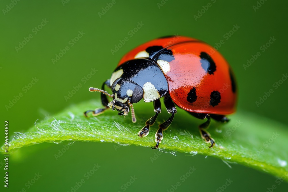 Fototapeta premium Close-up of a ladybug on a fresh green leaf with a vibrant background
