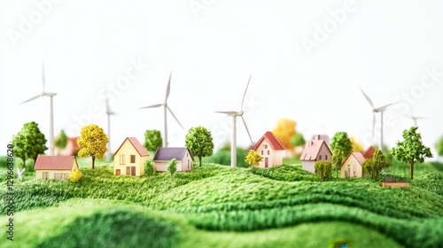 Miniature Landscape with Wind Turbines and Colorful Houses