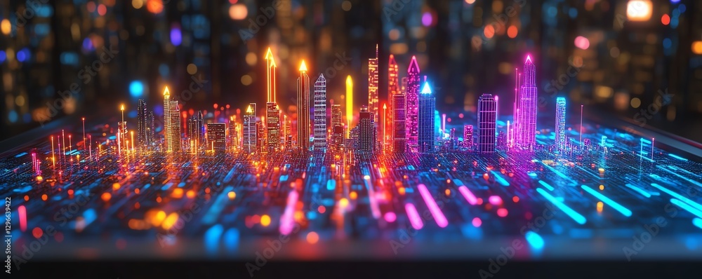 Obraz premium Silver tray with a digital cityscape, glowing rising arrows, modern cyberpunk aesthetic, neon lights, tech innovation