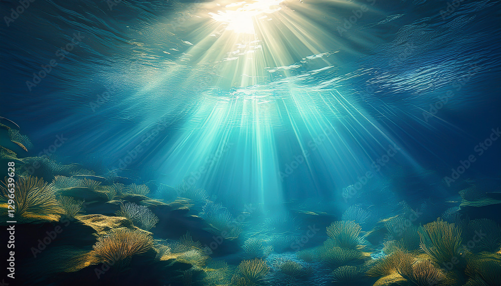 Fototapeta premium Sunbeams Illuminate the Ocean Floor with Bubbles and Rocks
