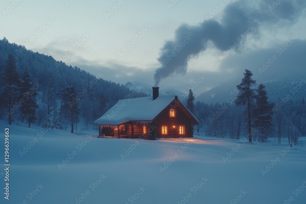 Cozy wooden cabin in snowy forest with smoke from chimney Cozy wooden cabin in snowy forest with smoke from chimney