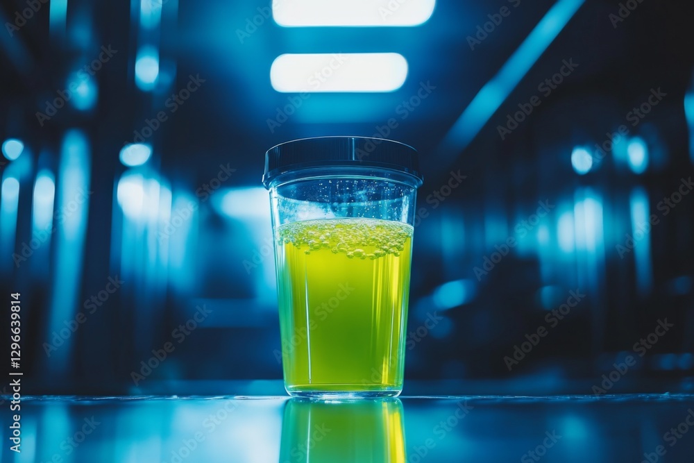 Refreshing green smoothie in glass with blurred bar background Refreshing green smoothie in glass with blurred bar background