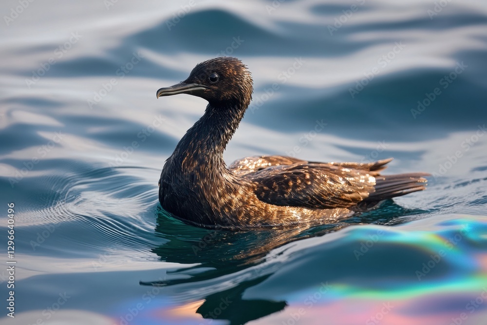 Seabird struggles in oil spill as rainbow sheen colors the ocean surface near coastal waters. Generative AI