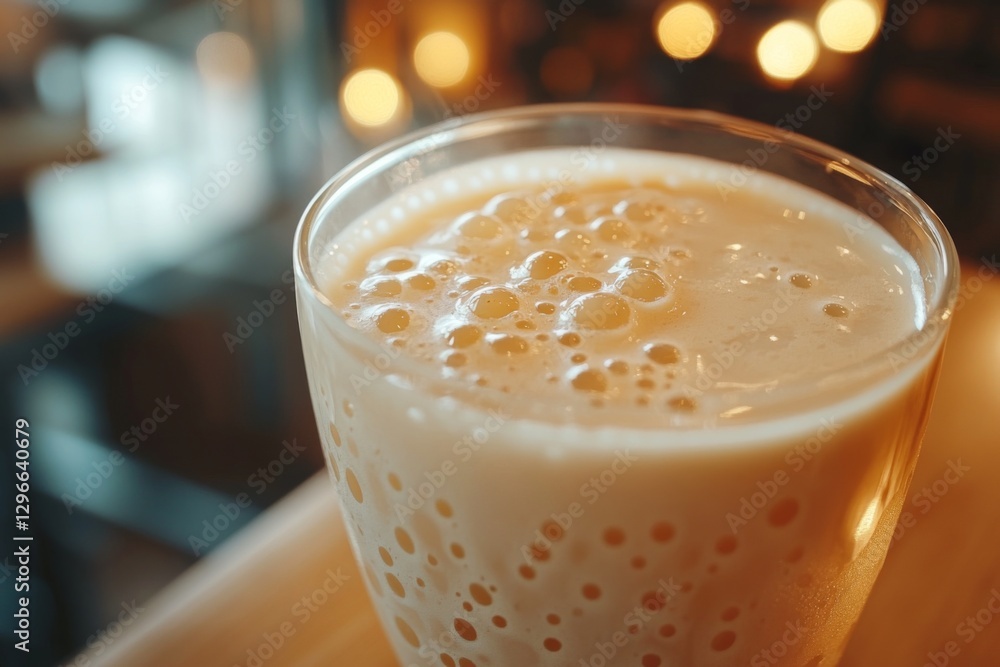 Foamy creamy latte in a transparent glass cup with warm lighting Foamy creamy latte in a transparent glass cup with warm lighting