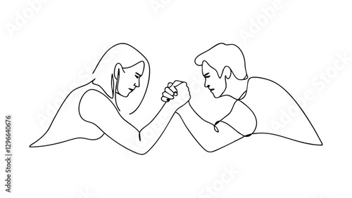 Arm Wrestling Couple One Line Drawing, Competition, Strength, Power, Determination, Partnership, 
