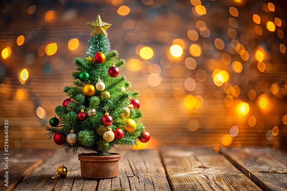 Miniature Christmas Tree on Desk, Festive Holiday Decoration, Soft Lighting Miniature Christmas Tree on Desk, Festive Holiday Decoration, Soft Lighting