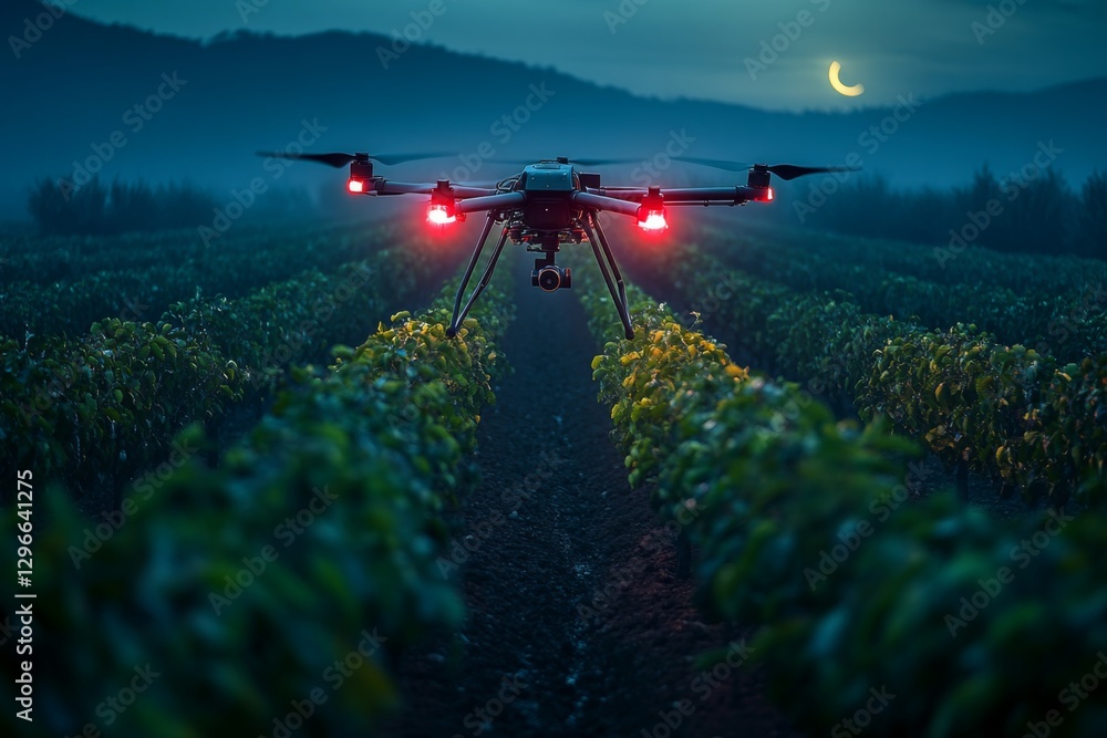 Fototapeta premium Futuristic drone flying low over green fields at dusk