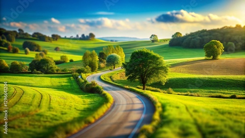 Miniature Country Road, Blue Sky, Tilt-Shift, Idyllic Landscape, Rural Scene