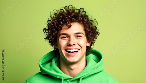 A young man with curly hair and a green hoodie is smiling at the camera.