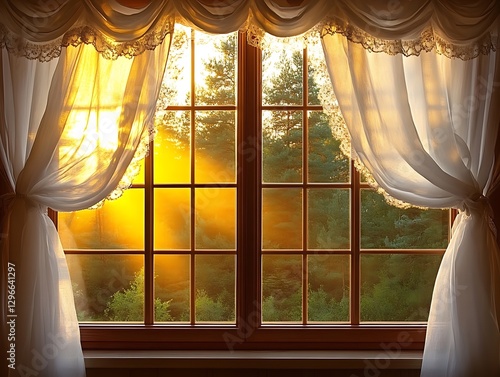 Sunrise through window curtains