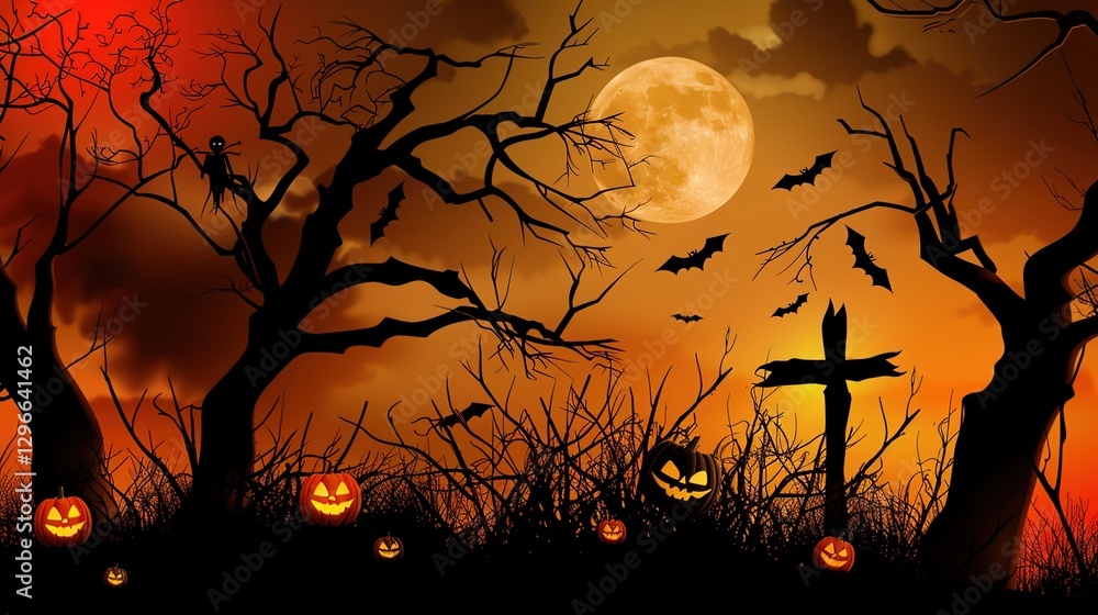Spooky Halloween Night Outdoor Background with Haunted House, Full Moon, Foggy Graveyard, Jack-o-Lanterns, and Eerie Atmosphere for Digital Art, Party Decor, or Horror Themes Spooky Halloween Night Outdoor Background with Haunted House, Full Moon, Foggy Graveyard, Jack-o-Lanterns, and Eerie Atmosphere for Digital Art, Party Decor, or Horror Themes