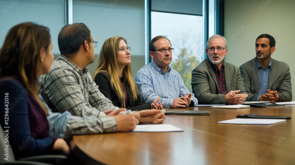 A Business Meeting Occurs with Several People at the Table A Business Meeting Occurs with Several People at the Table