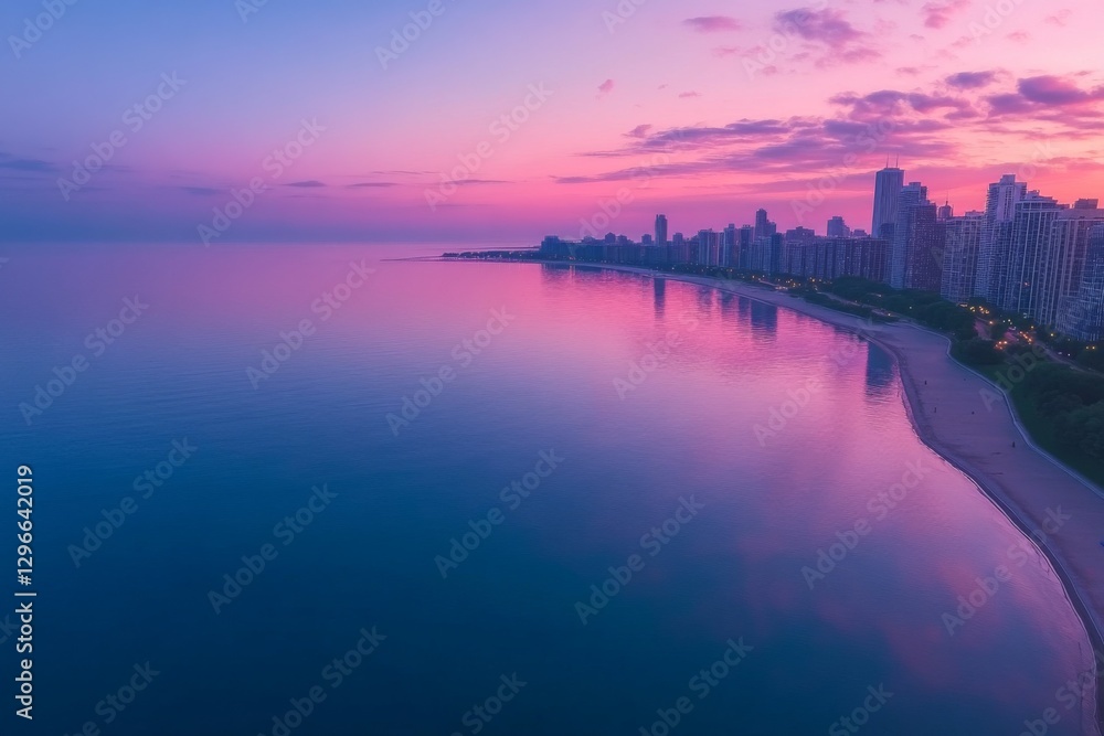 Fototapeta premium Serene aerial view of city skyline during sunset