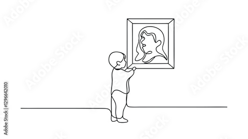 Child admiring framed portrait, single line art, gallery, museum, artwork, drawing, sketch, minimal, 