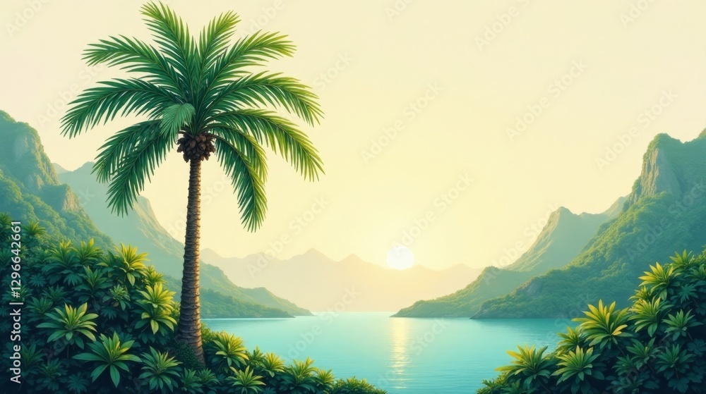 Serene Tropical Cove at Sunrise Palm Tree Silhouette Against Lush Foliage and Calm Waters Serene Tropical Cove at Sunrise Palm Tree Silhouette Against Lush Foliage and Calm Waters