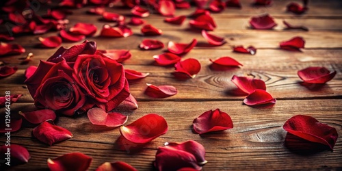 Fototapeta Naklejka Na Ścianę i Meble -  Blood red rose petals scattered on a wooden floor, warm tones, roses,  warm tones, roses, nature, macro,red flowers, textures