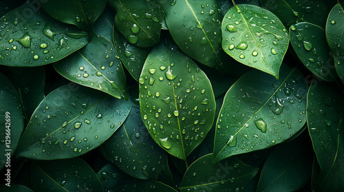 Tropical leaf texture with intricate abstract green patterns and big rain drops on them