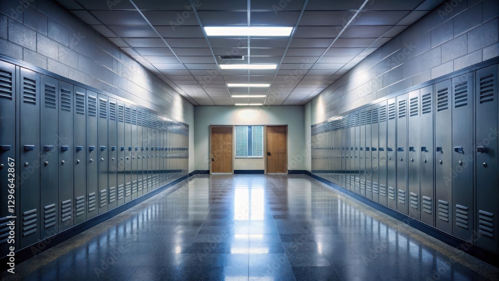 locker in empty high school hallway, eerie calm, unused, eerie calm, unused, abandoned asset, hallway locker in empty high school hallway, eerie calm, unused, eerie calm, unused, abandoned asset, hallway