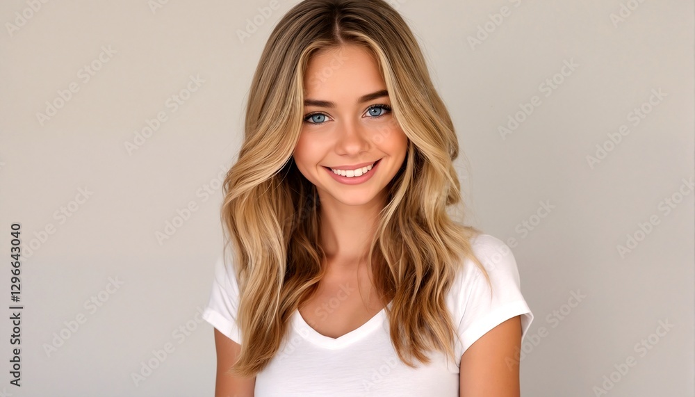 Young blonde woman with wavy hair and blue eyes smiling at camera. Young blonde woman with wavy hair and blue eyes smiling at camera.
