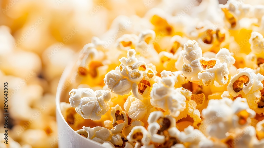 Close-Up of Freshly Popped Buttered Popcorn in a White Bowl Ready for Movie Night Close-Up of Freshly Popped Buttered Popcorn in a White Bowl Ready for Movie Night