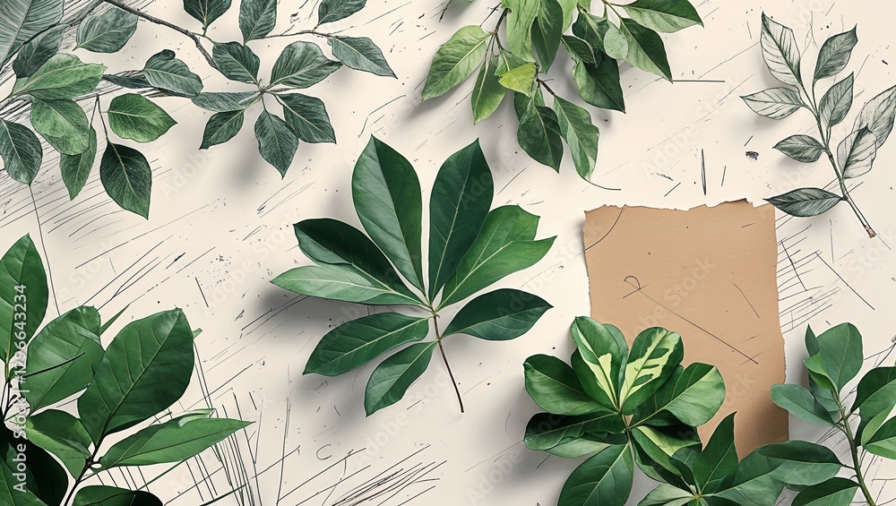 Botanical sketch with verdant leaves surrounding a torn blank card on textured surface
