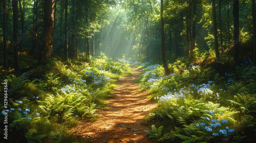 Obraz premium A forest path lined with ferns and wildflowers, sunlight filtering through the trees, hyper-realistic