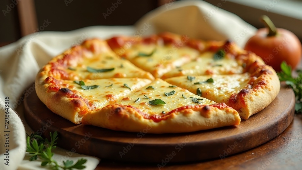 Aromatic cheesy pizza slices on a rustic wooden board, garnished with fresh herbs, perfect for a casual meal Aromatic cheesy pizza slices on a rustic wooden board, garnished with fresh herbs, perfect for a casual meal